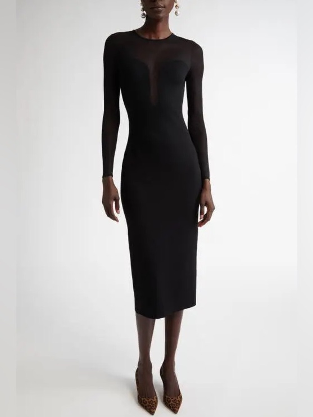 Carolina Herrera Long Sleeve Sheer Yoke Midi Dress Black Wool Blend FLAW